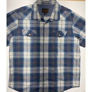 Blue Gray Plaid Short Sleeve Pearl Snap front button Mens shirt XL Western Rodeo